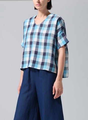 Azure Blue Checker Linen V-Neck Dropped Shoulder Versatile Top