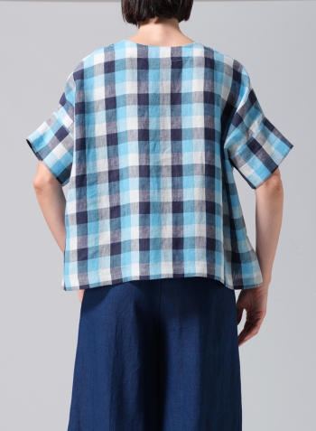 Azure Blue Checker Linen V-Neck Dropped Shoulder Versatile Top
