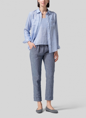Cornflower Blue Linen Classic Long Sleeve Shirt Set