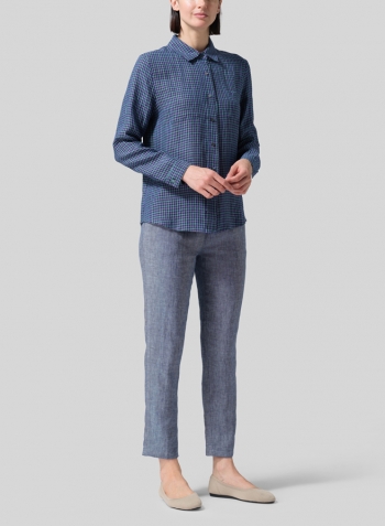 Teal Tartan Plaid Linen Classic Long Sleeve Shirt