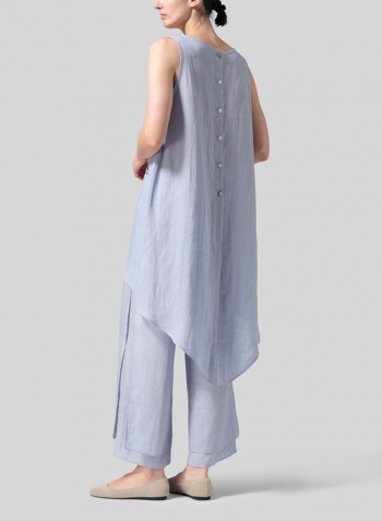 Light Pale Blue Linen Hi-Lo Hem Mid-Length Sleeveless Tunic