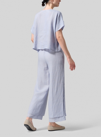 Light Pale Blue Linen Handmade Knot Button Boxy Cropped Top