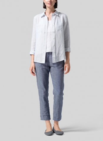 Powder Blue Stripe Linen Classic Long Sleeve Shirt