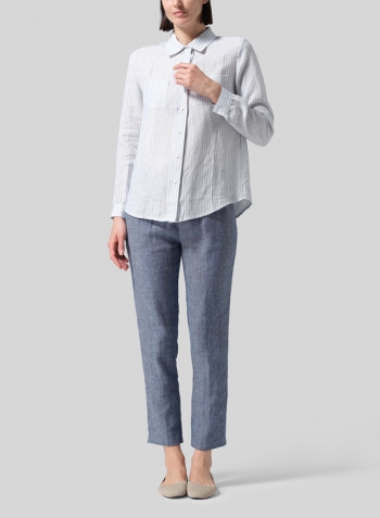 Powder Blue Stripe Linen Classic Long Sleeve Shirt