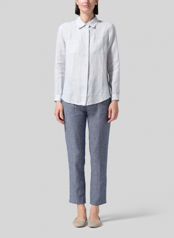 Powder Blue Stripe Linen Classic Long Sleeve Shirt