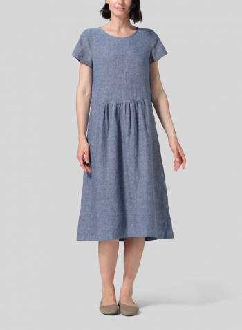 Denim Blue Linen Short Sleeve Midi Dress