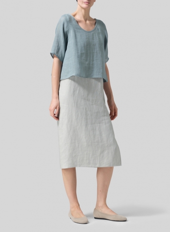 Green Gray Linen Short-Sleeved Wide Round Neck Cropped Top Set