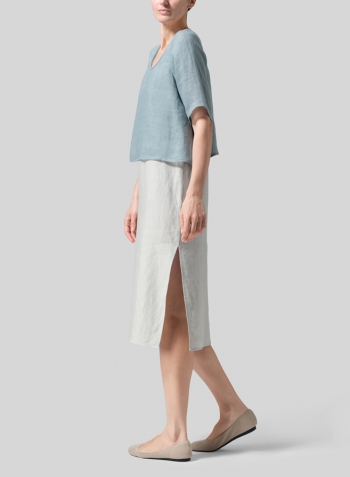 Green Gray Linen Short-Sleeved Wide Round Neck Cropped Top Set