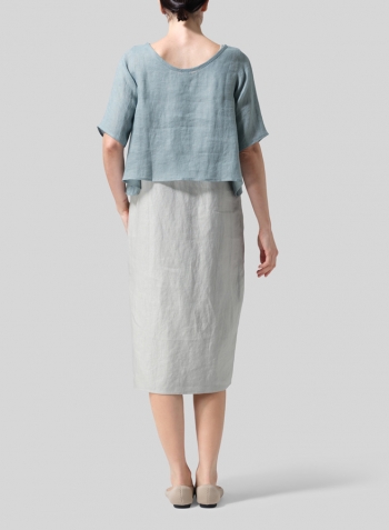 Green Gray Linen Short-Sleeved Wide Round Neck Cropped Top Set