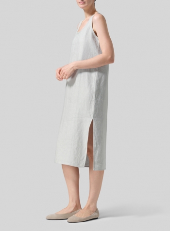 Light Grayish-green Linen Sleeveless Wide Round Neck Midi Dress
