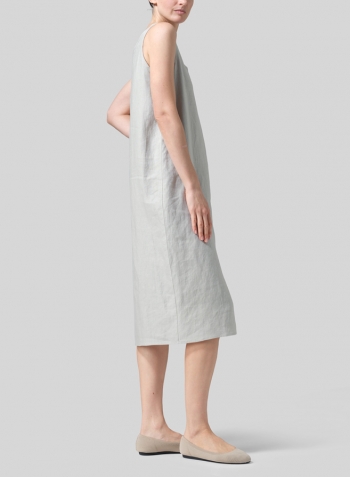 Light Grayish-green Linen Sleeveless Wide Round Neck Midi Dress