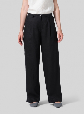 Black Linen Regular Fit Long Pants with Buttons