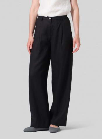 Black Linen Regular Fit Long Pants with Buttons