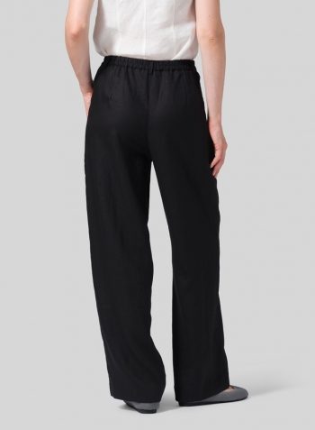 Black Linen Regular Fit Long Pants with Buttons