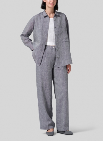 Two Tone Navy White Linen Basic Button Front Long Sleeve Shirt Set