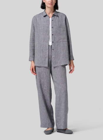 Two Tone Navy White Linen Basic Button Front Long Sleeve Shirt Set