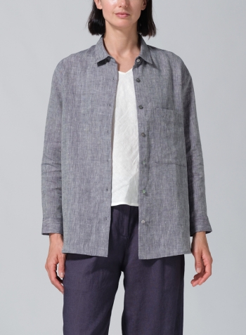 Two Tone Navy White Linen Basic Button Front Long Sleeve Shirt