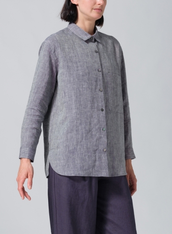 Two Tone Navy White Linen Basic Button Front Long Sleeve Shirt