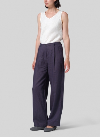Dark Grayish Blue Linen Regular Fit Long Pants with Buttons