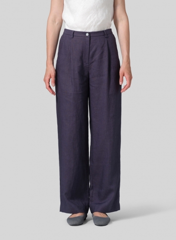 Dark Grayish Blue Linen Regular Fit Long Pants with Buttons