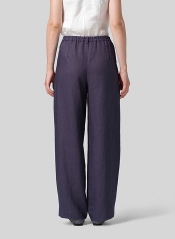 Dark Grayish Blue Linen Regular Fit Long Pants with Buttons