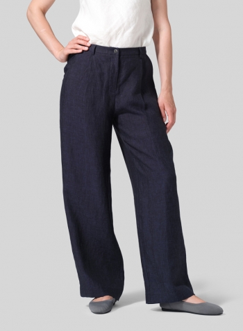 Denim Blue Linen Regular Fit Long Pants with Buttons