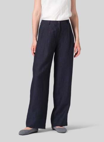 Denim Blue Linen Regular Fit Long Pants with Buttons