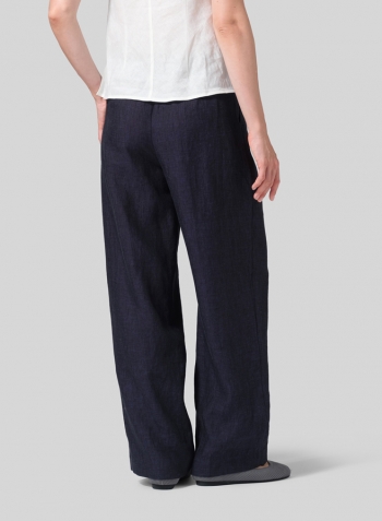 Denim Blue Linen Regular Fit Long Pants with Buttons