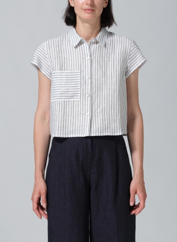 Gray White Stripe Linen Cap Sleeves Shirt