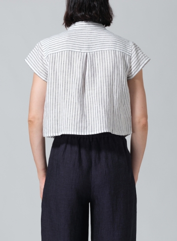 Gray White Stripe Linen Cap Sleeves Shirt