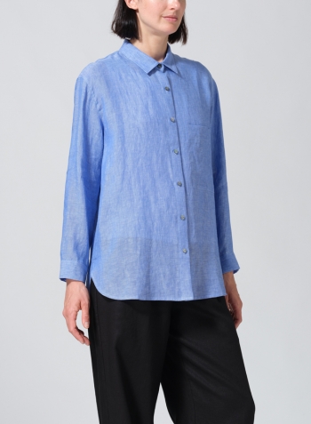 Sky Blue Linen Basic Button Front Long Sleeve Shirt