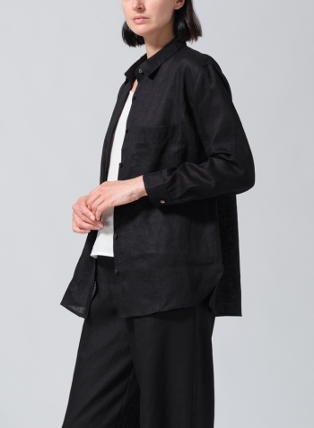 Black Linen Basic Button Front Long Sleeve Shirt Set