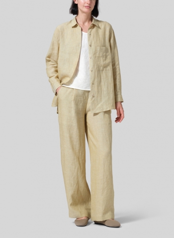 Flaxen Linen Basic Button Front Long Sleeve Shirt Set