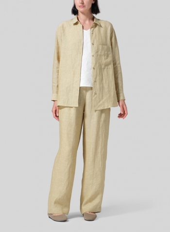 Flaxen Linen Basic Button Front Long Sleeve Shirt Set