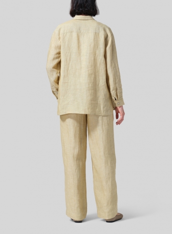 Flaxen Linen Basic Button Front Long Sleeve Shirt Set