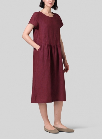 Red Linen Short Sleeve Midi Dress