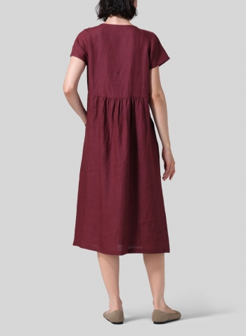 Red Linen Short Sleeve Midi Dress