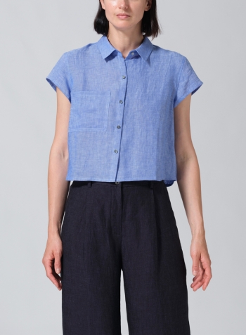 Sky Blue Linen Cap Sleeves Shirt