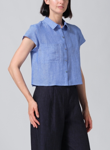 Sky Blue Linen Cap Sleeves Shirt