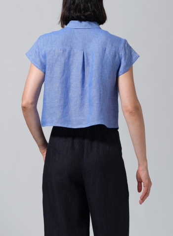Sky Blue Linen Cap Sleeves Shirt