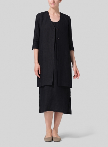 Black Brown Linen Straight Fit V-Neck Long Jacket with Dress