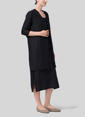 Black Brown Linen Straight Fit V-Neck Long Jacket with Dress