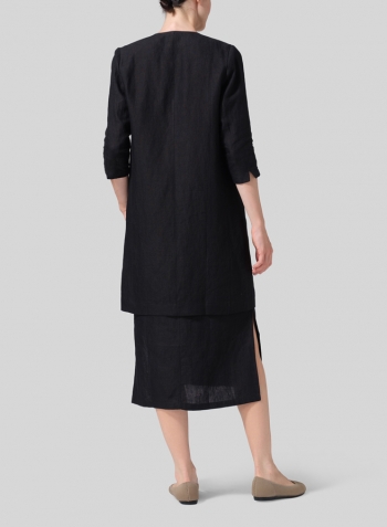 Black Brown Linen Straight Fit V-Neck Long Jacket with Dress