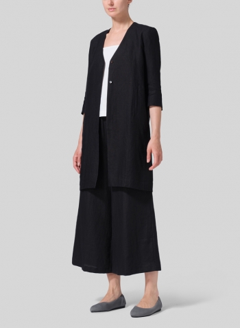 Black Brown Linen Straight Fit V-Neck Long Jacket