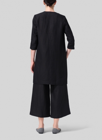 Black Brown Linen Straight Fit V-Neck Long Jacket