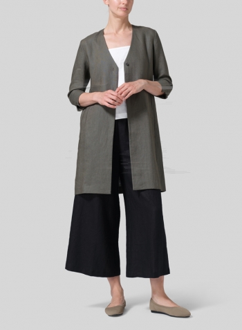 Dark Taupe Linen Straight Fit V-Neck Long Jacket