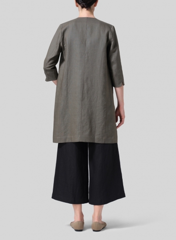 Dark Taupe Linen Straight Fit V-Neck Long Jacket