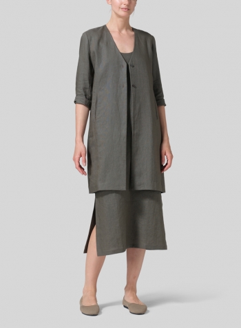 Dark Taupe Linen Straight Fit V-Neck Long Jacket with Dress
