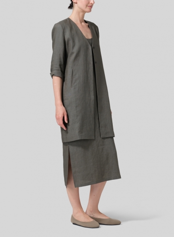 Dark Taupe Linen Straight Fit V-Neck Long Jacket with Dress
