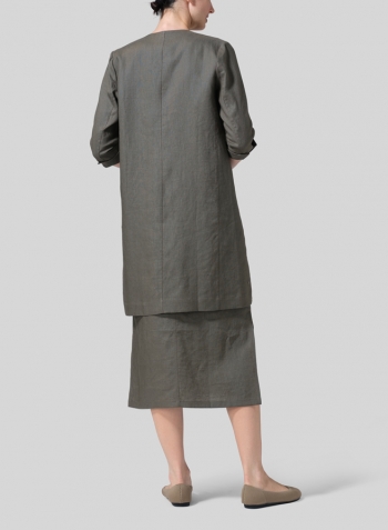 Dark Taupe Linen Straight Fit V-Neck Long Jacket with Dress